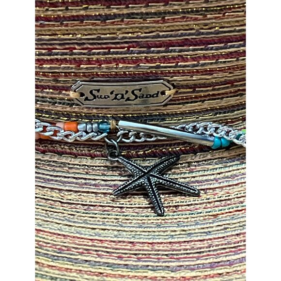 Sun N’ Sand Woven Straw Hat – Multicolor Stripe with Beaded Chain & Starfish - Picture 2 of 5